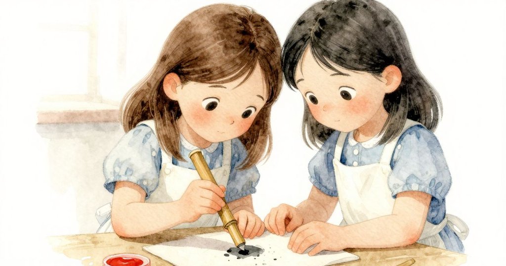 克拉拉凝視被風吹落的竹筆，面露猶豫與思索，在溫暖作業台前展現內心掙扎，細節豐富。