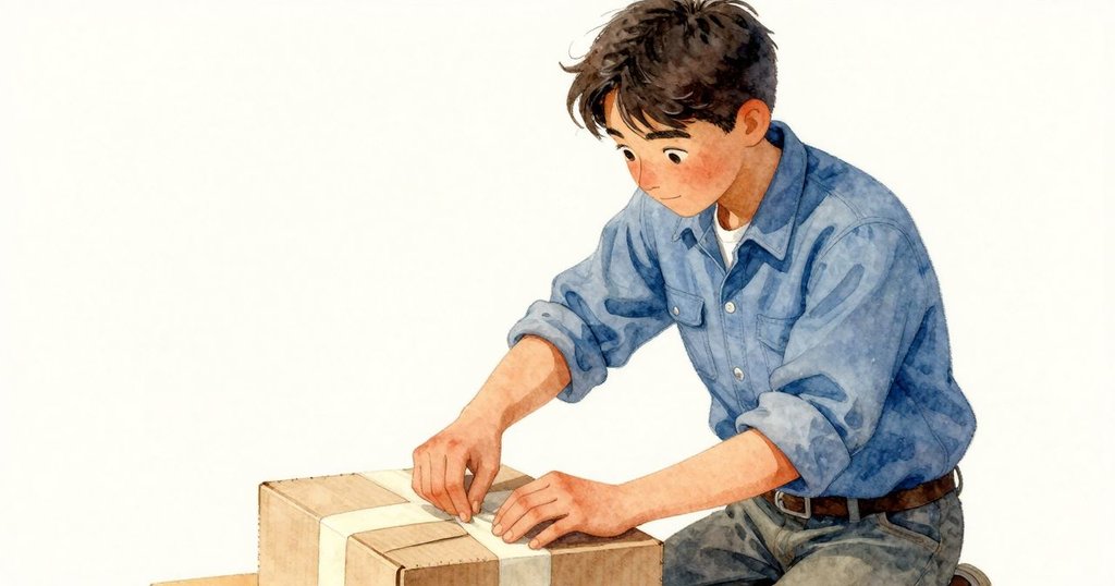 Kit仔細操作盒子,專注地在盒緣貼上膠帶,手部動作清晰,背景顯示溫柔光線營造溫馨氛圍。