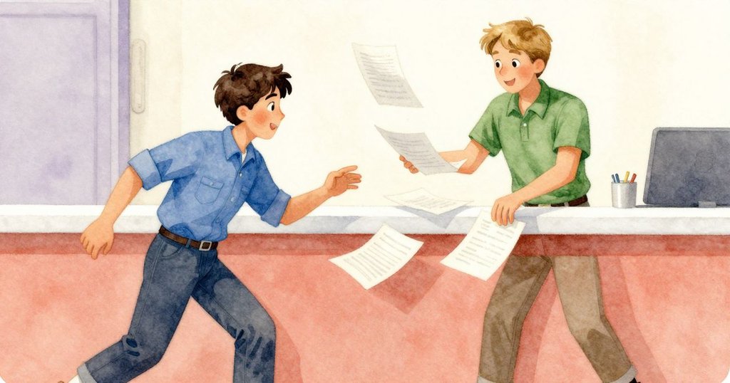 Jasper與Kit在忙碌的櫃台上分工合作,拾起飛散文件,場景展示緊張動態與溫暖室內光線。