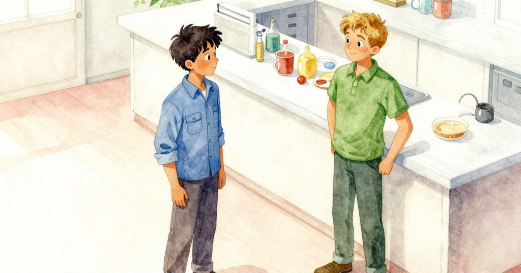 從高處視角看忙碌櫃台,上面鏈條、筆具和修正液瓶互相碰撞,Kit在遠處默默協助,場景溫馨。