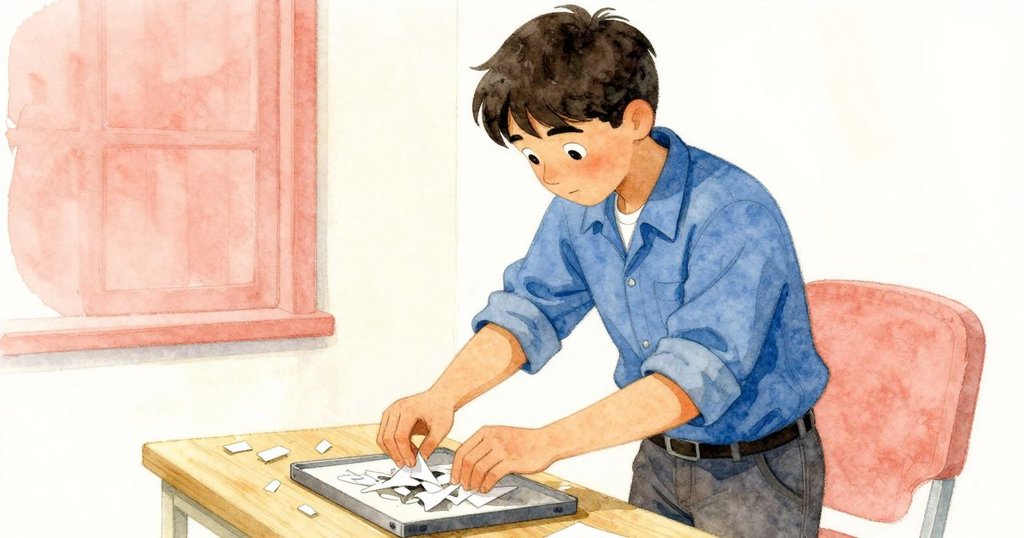 Kit發現盒角紙屑影響磅秤平衡,面部展現專注神情,輕柔動作清除紙屑,場景溫暖細膩。