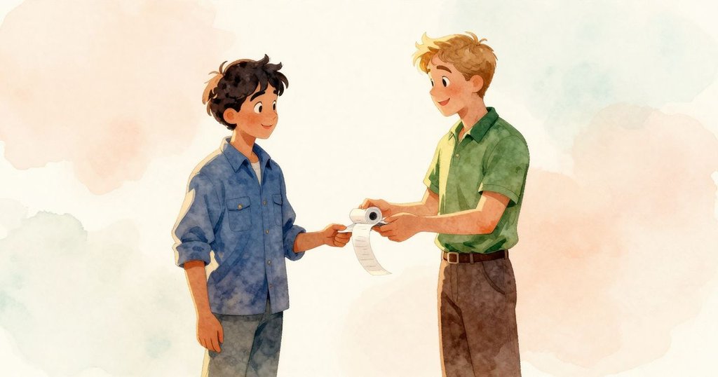 技術員更換新收據卷,Kit與Jasper面帶釋然微笑,溫暖夕陽光輝中展現和諧工作環境。