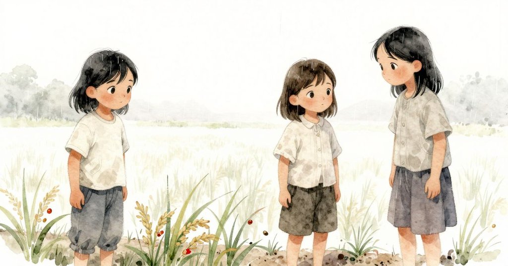 雅拉指著稻田邊濕潤的河岸上發光琥珀珠，泰絲在旁觀察，天色朦朧，情境寧靜溫柔