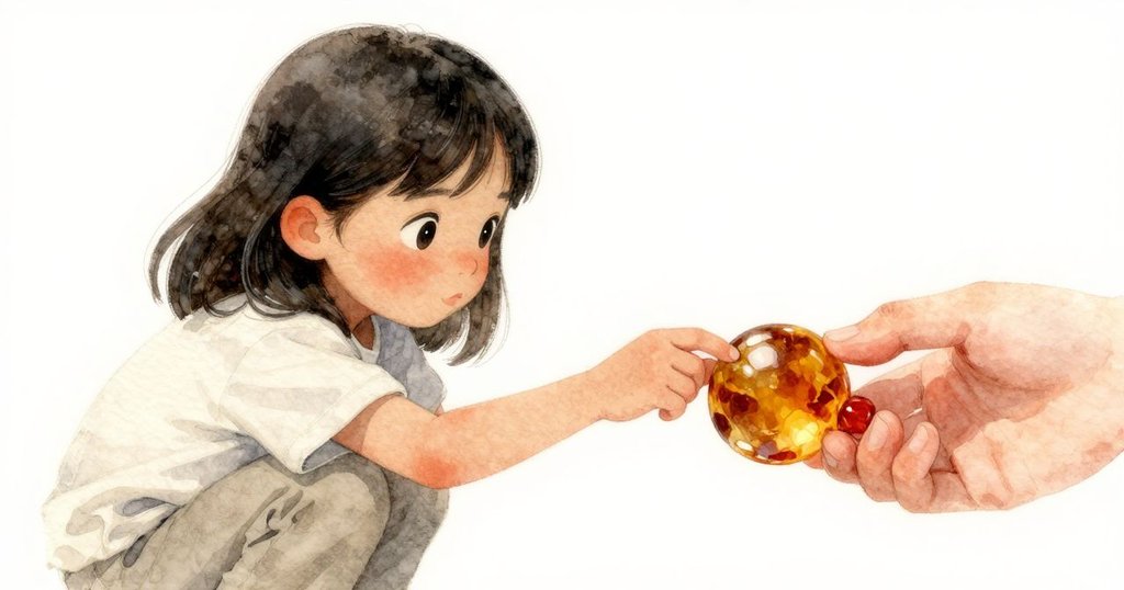 雅拉蹲下仔細觸摸並轉動發光琥珀珠，展現螺旋紋理，手指輕觸泥濕河岸，情感專注