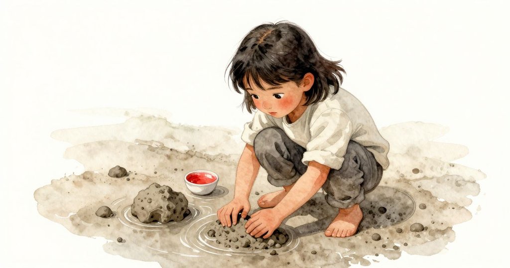 從高處俯拍，雅拉彎下身體拾起一團濕潤泥土，細流輕繞，稻苗微傾，環境靜謐