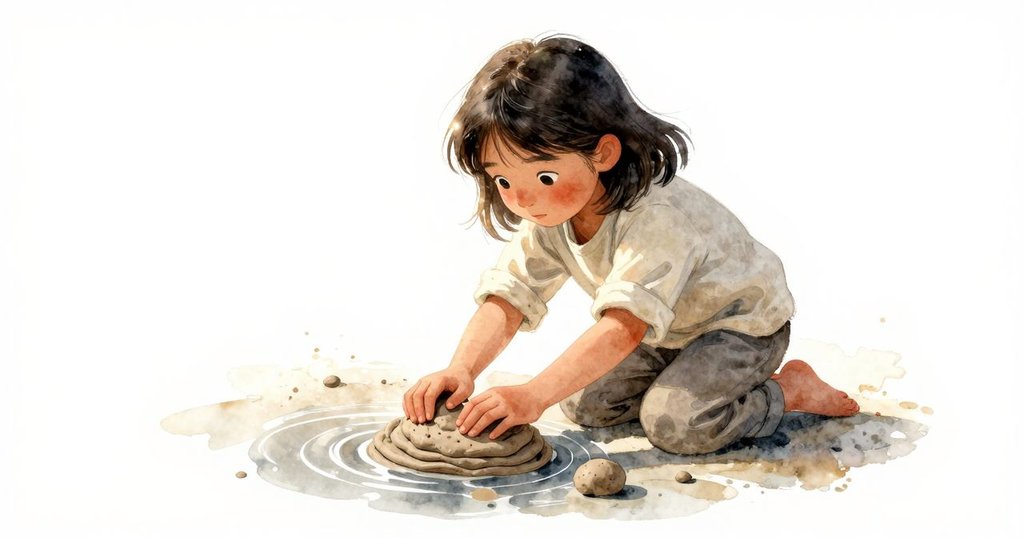 陽光微增，雅拉用雙手塑形多層泥土覆蓋流動細水，環境光影柔和，技藝專注