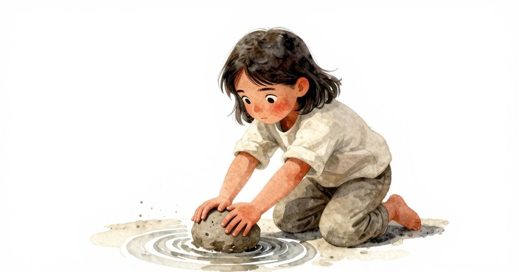 雅拉面露堅毅神情，全力壓制最後依依不捨的細流，泥土與水環交織，緊張而專注