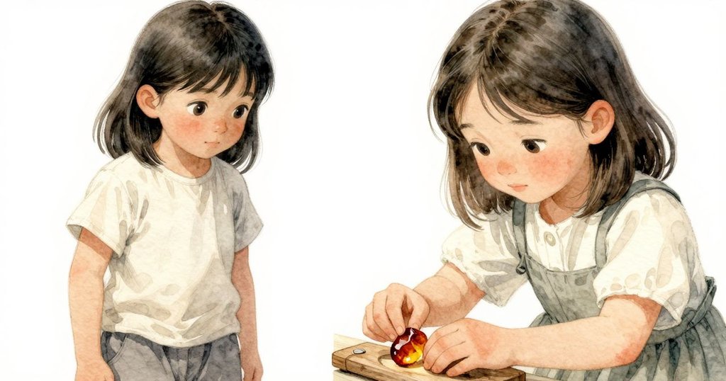 雅拉小心將琥珀碎片放置於工具架上，泰絲在遠處注視微笑，氛圍充滿平靜與滿足