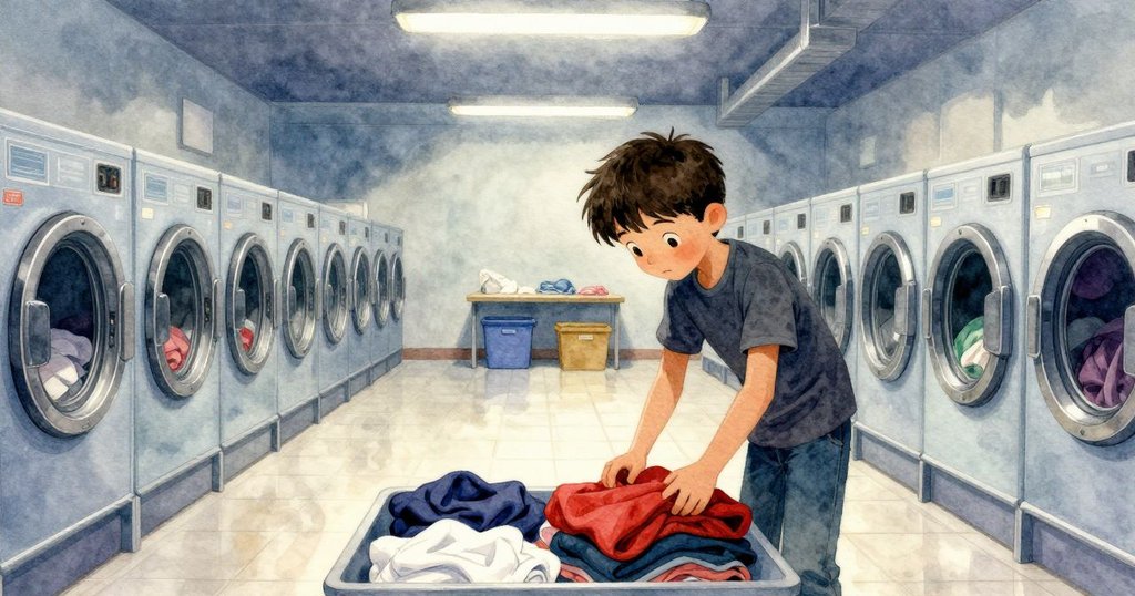 Finn彎腰檢查整齊折疊的襯衫中缺少條紋襪子,背景呈現家庭洗衣房,表情好奇探索轉折初現