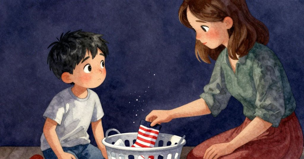 Finn的手正伸向隱藏在籃子旁的條紋襪子,細部特寫展現水滴閃爍與探索動作,情緒專注又細膩