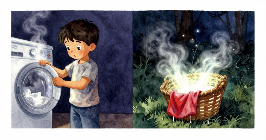 左側Finn打開洗衣機露出輕微蒸氣,右側他傾斜籃子使襯衫滑落滴水,場景分割呈現家庭洗衣房連續動作