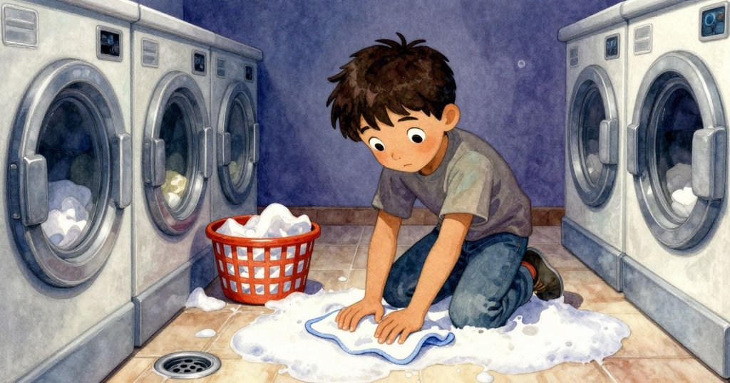 Finn在洗衣房中使用微纖布壓住滑動的肥皂水跡,籃子逐漸停靠下水道,場景顯示時間流逝與現場清理