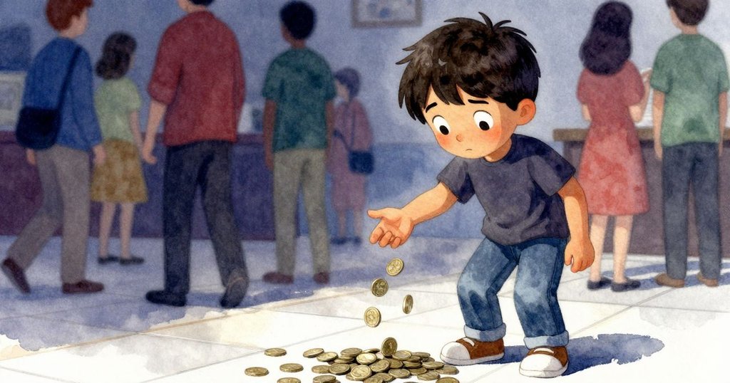 Finn驚訝地看著硬幣從傾倒的銅杯中灑出,兩位顧客在背景中注視,情緒緊張且場景充滿動感