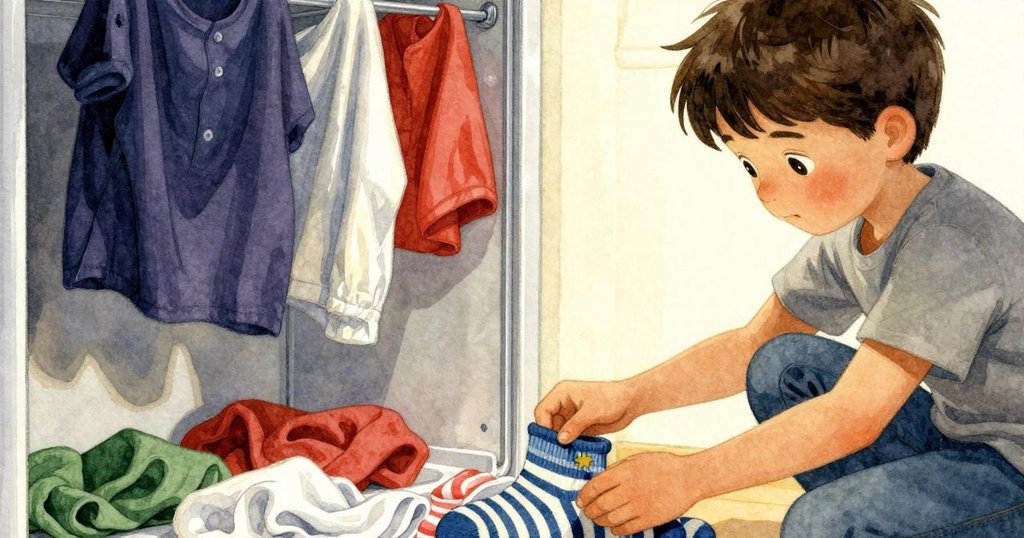 Finn溫柔地將找回的條紋襪子放在散亂衣物上,微纖布輕輕飄落,展現洗衣房中最終和解與安寧