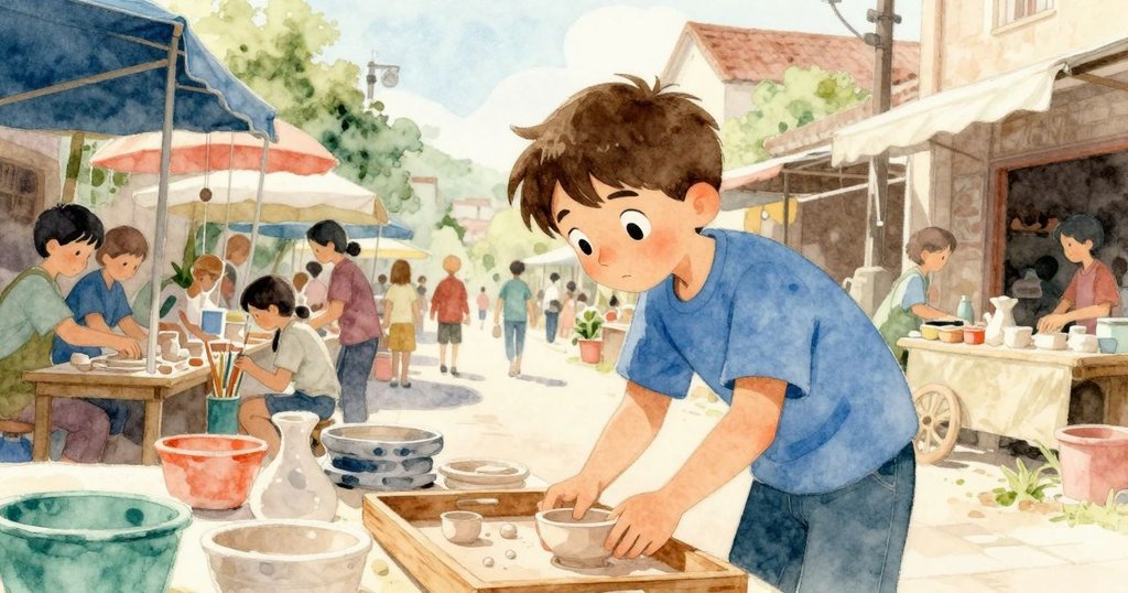 Sam在陶器攤位前彎腰尋找沙塵中的珠子，背景忙碌且充滿晨光，表情專注