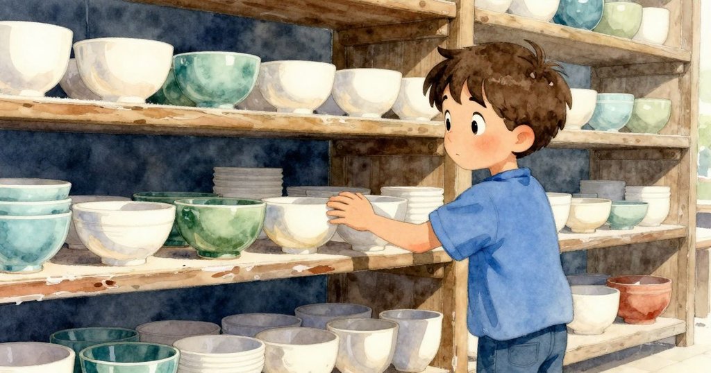 Sam專注觸摸架上光滑釉面的陶瓷，光線柔和，環境呈現市場溫馨氛圍，流露思索情感