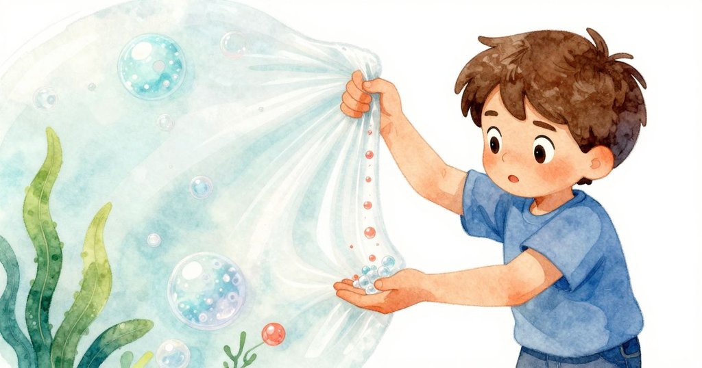 Sam舉起起皺褶泡泡紙，指尖抓住兩顆落下的斑點珠子，近拍呈現質感對比與動感