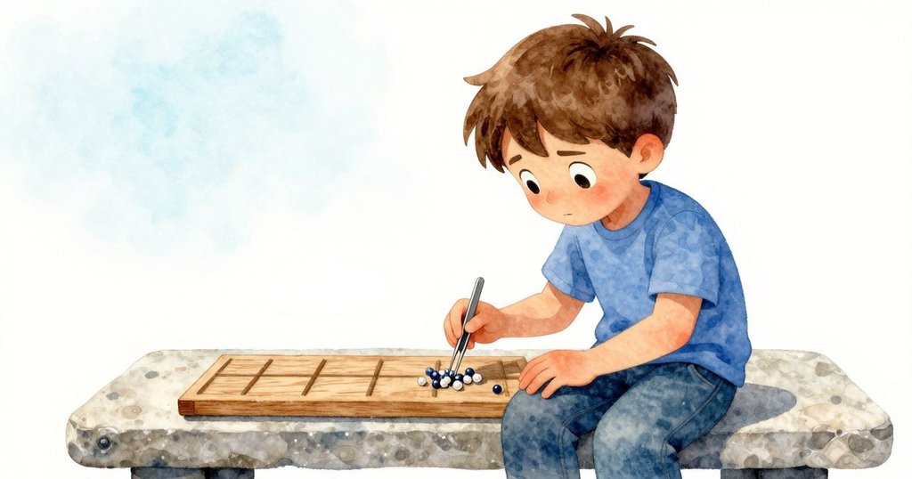 Sam站在石凳上用小鑷子夾出木縫中的珠子，現實與想像並行，背景展現陶器攤位與市場風貌