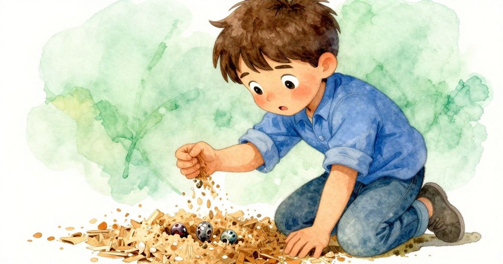 Sam跪在濕潤沙塵中翻找重珠，動作專注喜悅，部分亞麻袋微鼓，背景顯露陶器攤位細節