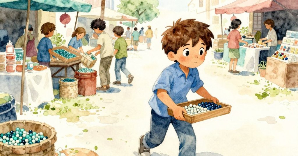 Sam手提亞麻袋滿珠子回到木盤旁，盤中有三顆備用珠子，神情滿足，環境呈現溫暖市場攤位氛圍