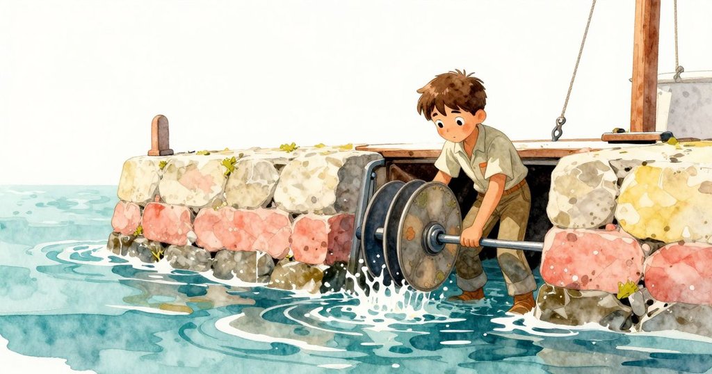 小提奧站在船閘入口前操作風車手柄，背景石牆和藻綠裝飾，鴨子旁伴著希望與好奇心