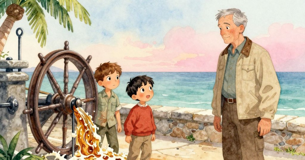 特寫鏡頭顯示古舊風車手柄與金色泡沫旋轉，石材與金屬細節呈現歷史痕跡，溫暖柔和的光線中蘊含故事