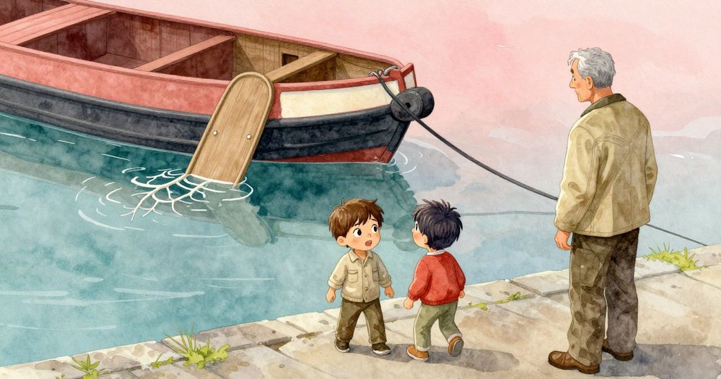 從高處俯瞰狹船微傾，淡色樹枝漂浮於船身附近，輕柔水流與石鋼交錯，呈現自然韻味