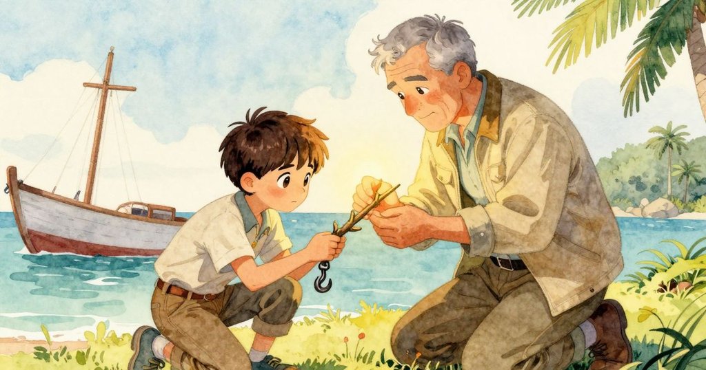 小提奧蹲在船鉤旁仔細探查卡住的樹枝，神情堅定，背後鎖匙員默默關注，展現抉擇與決心