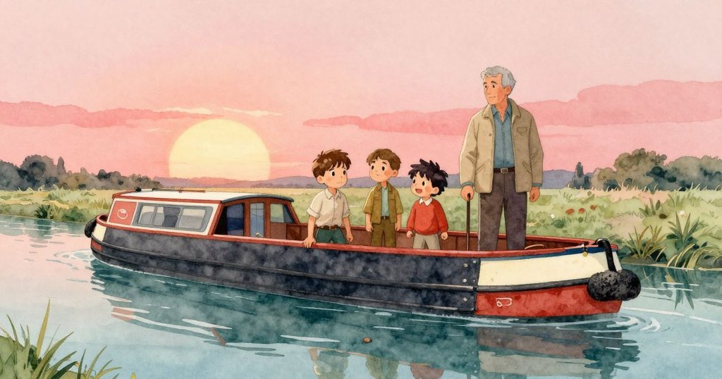 船隻在平靜水道中穩定行駛，小提奧站在甲板旁，鎖匙員和保羅靜觀夕陽，心中洋溢安寧與釋然