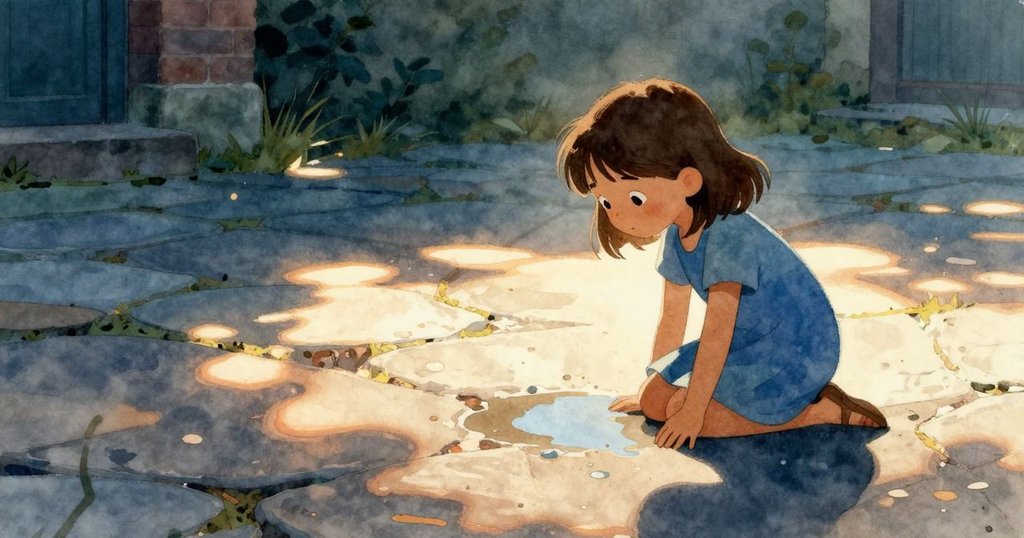 扎拉在庭院中以剪影形式蹲著，注視閃爍水坑與石板，陽光映襯，充滿專注和平靜情緒。