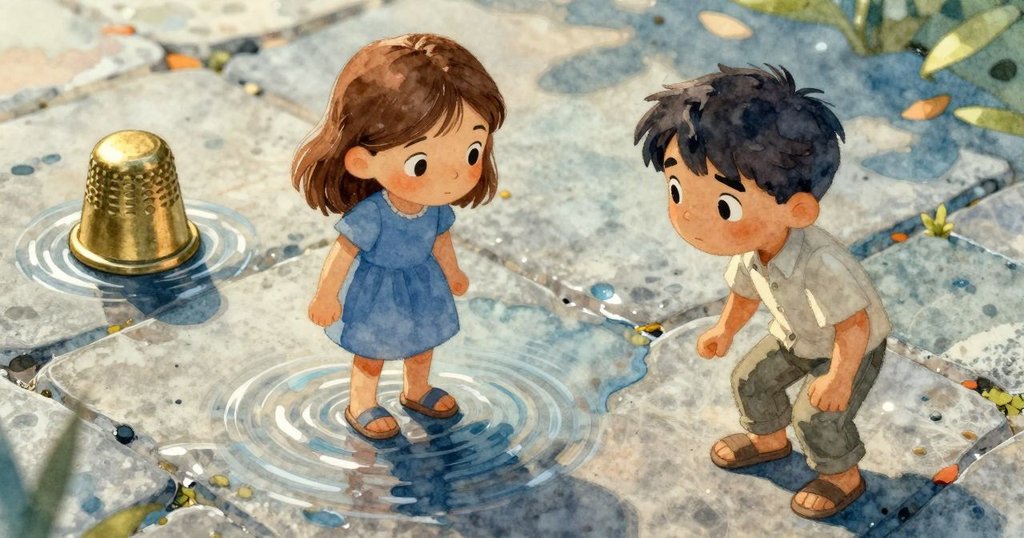 扎拉輕觸石板，近距離展示水坑中分支礦物紋理及銅製指標，陽光下細膩質感清晰可見。