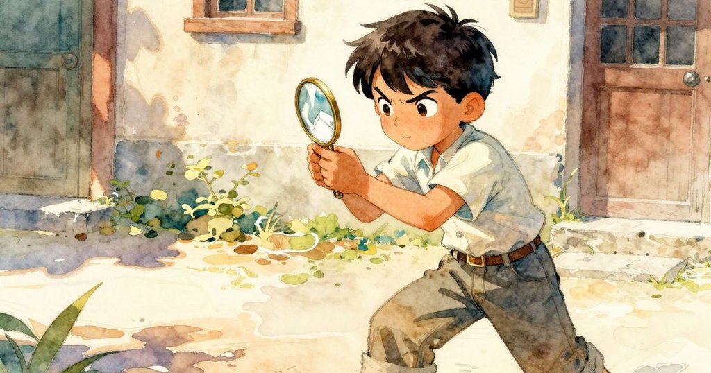 馬克斯從低角度動作迅速調整口袋鏡反射陽光，專注於捕捉水坑紋理，背景庭院柔和呈現。