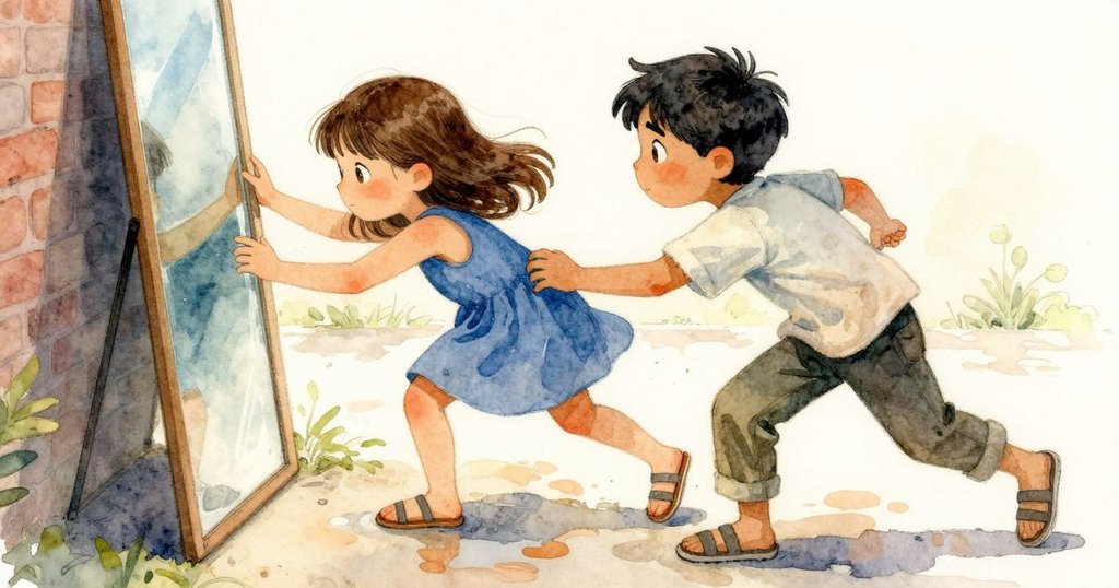 扎拉和馬克斯急速調整鏡子捕捉移動中水坑反光，動作迅捷中展現創意與迫切情感。