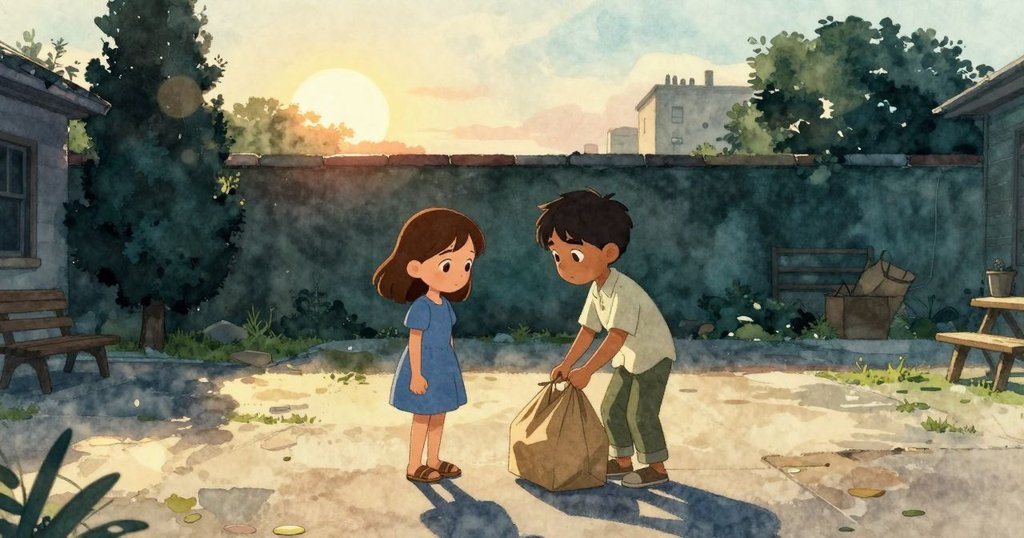 黃昏時分，扎拉與馬克斯在庭院中收拾工具，夕陽餘暉中水坑紋路柔和留痕，情景寧靜而溫馨。