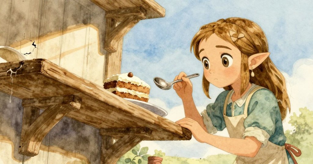 薩爾達靠近泥蛋糕檢視細小裂痕,光線斜照,充滿好奇心的表情,背景呈現木架與自然陽光