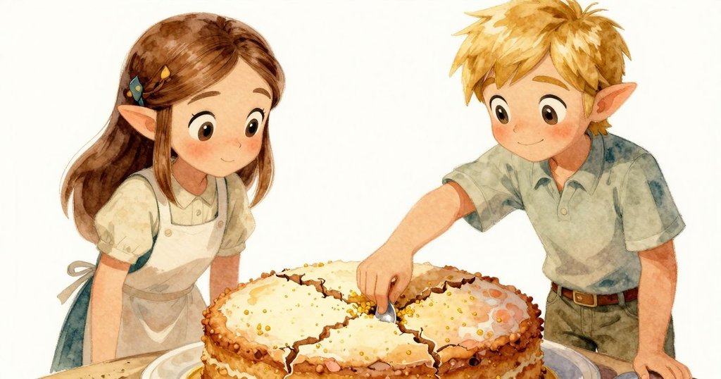 薩爾達的手持湯匙輕按在泥蛋糕上,金色光斑閃爍,細部特寫展現脆弱卻溫暖的質感