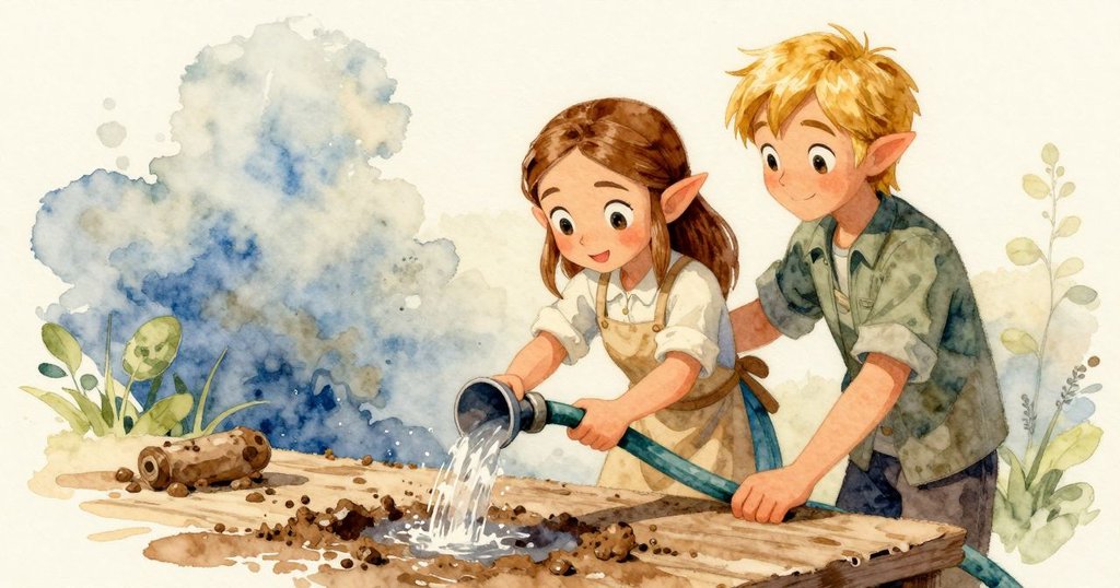 透過狹縫觀察,沃倫展露鼓勵笑容,同時薩爾達專注於倒水軟化泥土,氛圍溫暖而協作