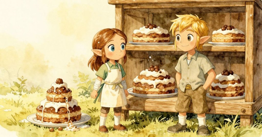 在明亮的季節光影下,多個泥蛋糕陳列於木架上,一座高塔蛋糕微微下垂,背景有溫暖陽光與青草點綴