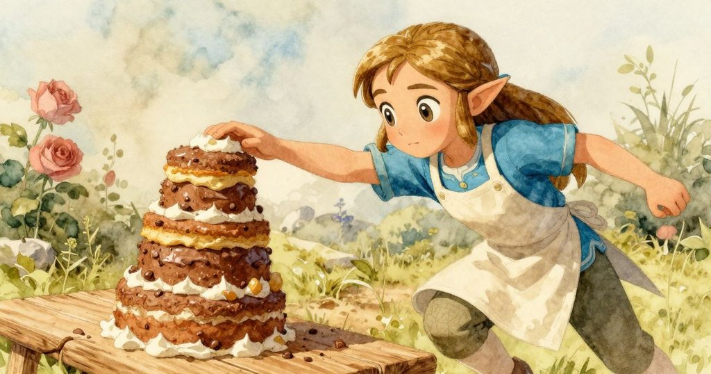 薩爾達動作敏捷,用手肘輕推木板,高塔狀泥蛋糕顫動,現場充滿活力和挑戰感