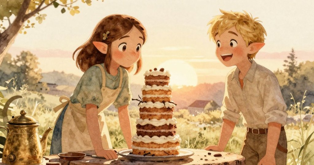 夕陽金光中,薩爾達用細枝支撐歪斜的高塔蛋糕,沃倫笑著協助,現場充滿溫馨與合作的氛圍