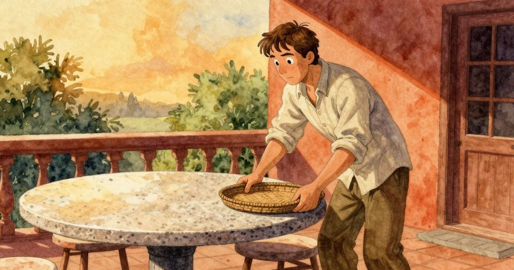 哈里斯在戶外露台滑動編織托盤，葉子輕落形成綠堆，清晨陽光映照，展現期待與專注的情緒。