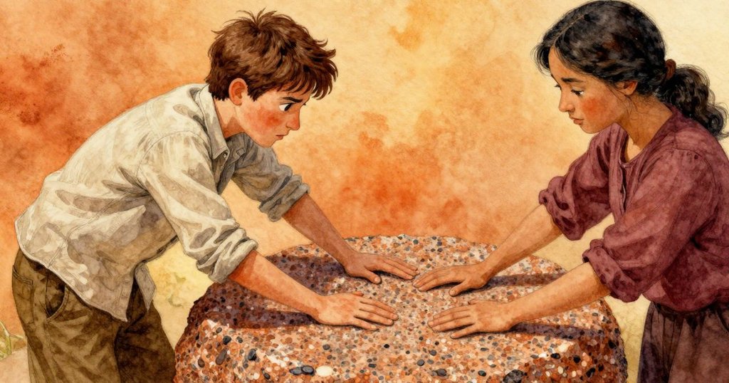 哈里斯的手在花崗岩上以圓周運動擠壓柔葉，細節突出，流露出專注與溫暖的節奏感。