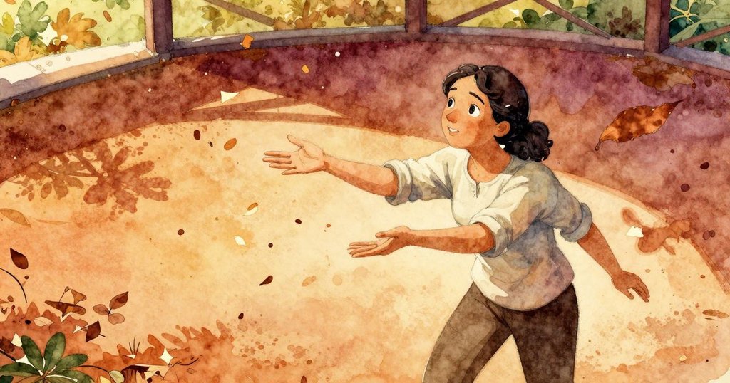 帕洛瑪在涼亭上俯視，用伸出的手穩穩接住下落的脆葉碎片，展現溫柔與敏捷。