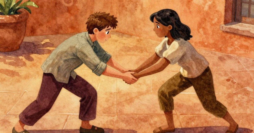 帕洛瑪與哈里斯在露台上攜手合作，雙手齊力壓在花崗岩上，專注且充滿默契，溫暖光線瀰漫。