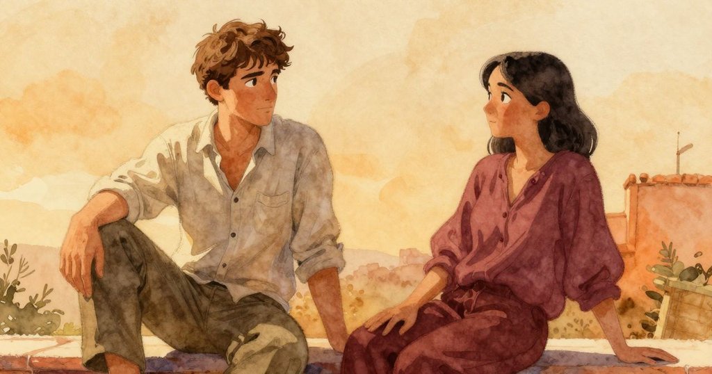 哈里斯與帕洛瑪在露台上靜坐休憩，望著轉變後的葉堆，流露出任務完成後的平靜與滿足。