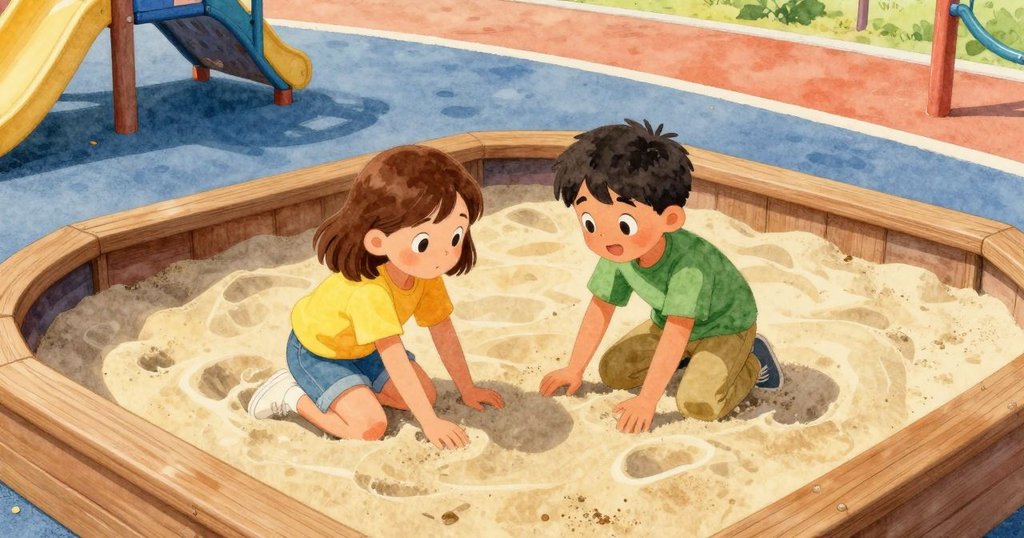 法伊蹲在沙坑邊握著藍綠色模具，巴姆在背景用塑料鏟敲打木製框架，周遭沙粒腳印與陽光交織。