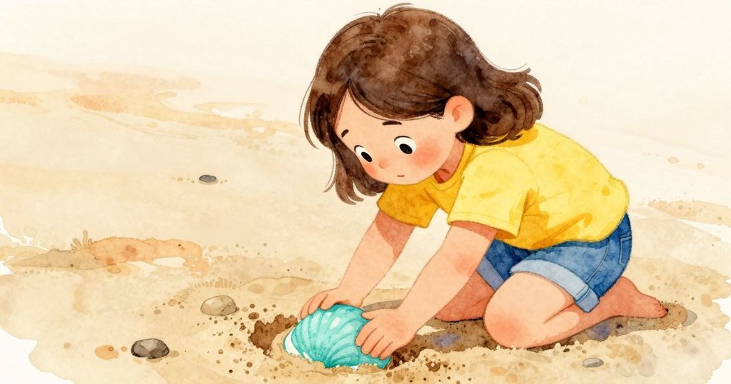 法伊正細緻地將藍綠色模具壓入沙中，留痕即逝，象徵創意與變化，背景沙坑溫柔光影映襯。