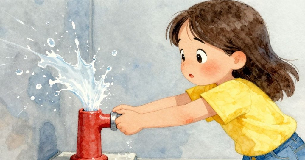 法伊專注地按下噴水池按鈕，手上水花四濺，金屬噴水池在清晰藍光映襯下展現動感。