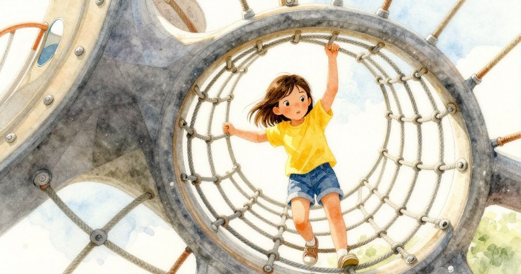 法伊走過扭曲的繩網下，遊樂場元素呈現不可能幾何形態，淡灰與金黃交織出奇幻光影。