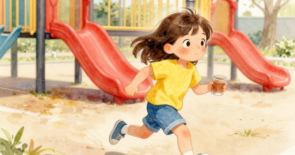 法伊手持杯子急奔回沙坑，背景中其他孩子在滑梯及階梯間穿梭，充滿活力與溫暖陽光。